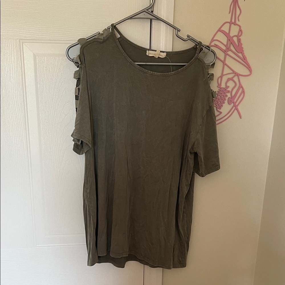 Gilded Intent Khaki Short Sleeve Top with Cut-Out Details